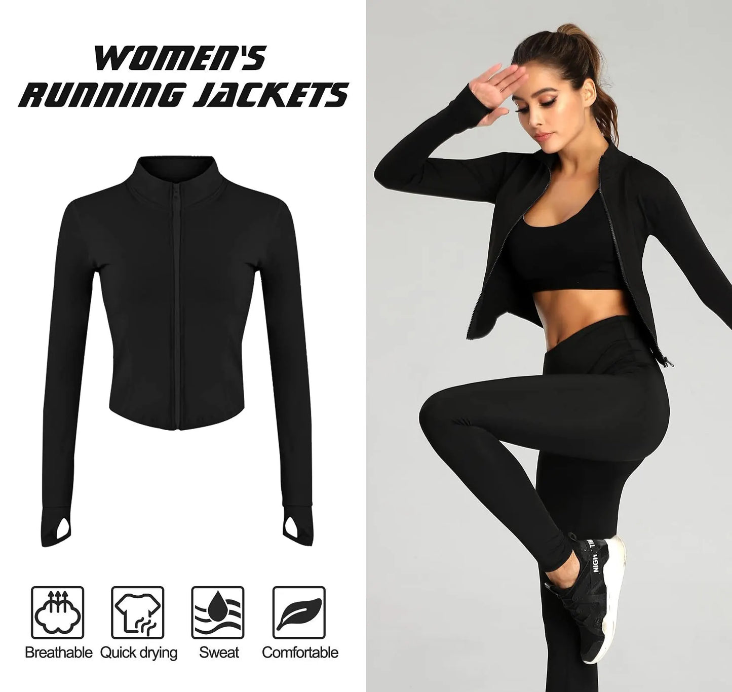 Women's Slim Fit Tracksuit Jacket with Long Sleeves, Thumb Holes & Yoga Crop Top