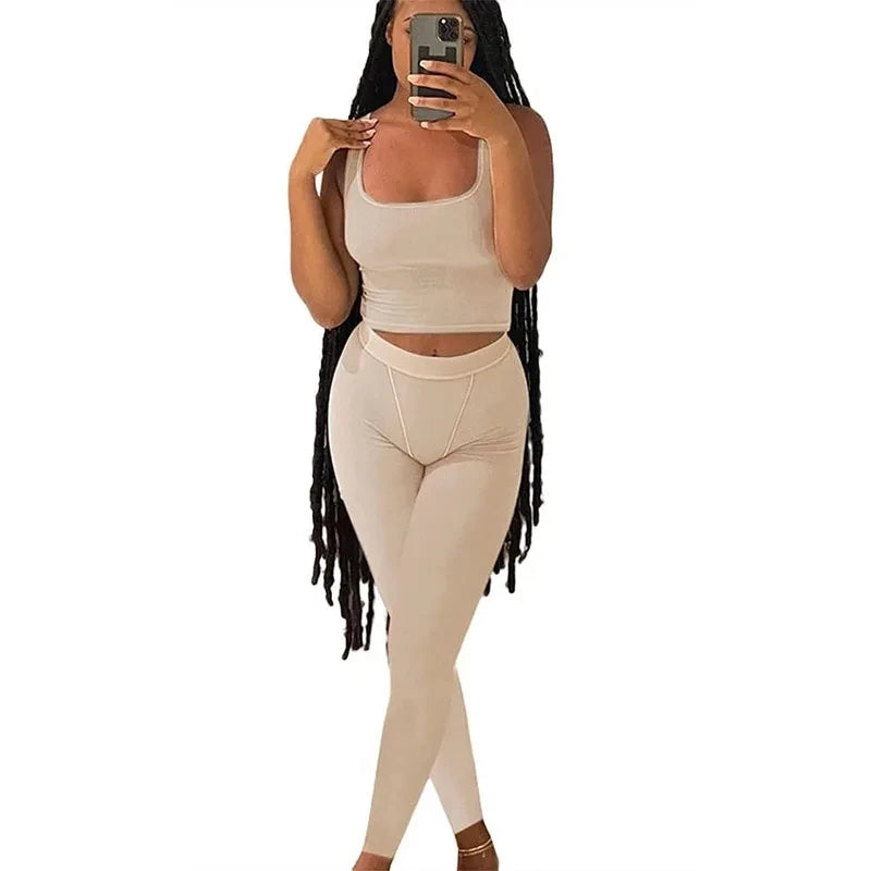 Women's Ribbed Lounge Wear 2-Piece Summer Set: Top & Elastic Leggings