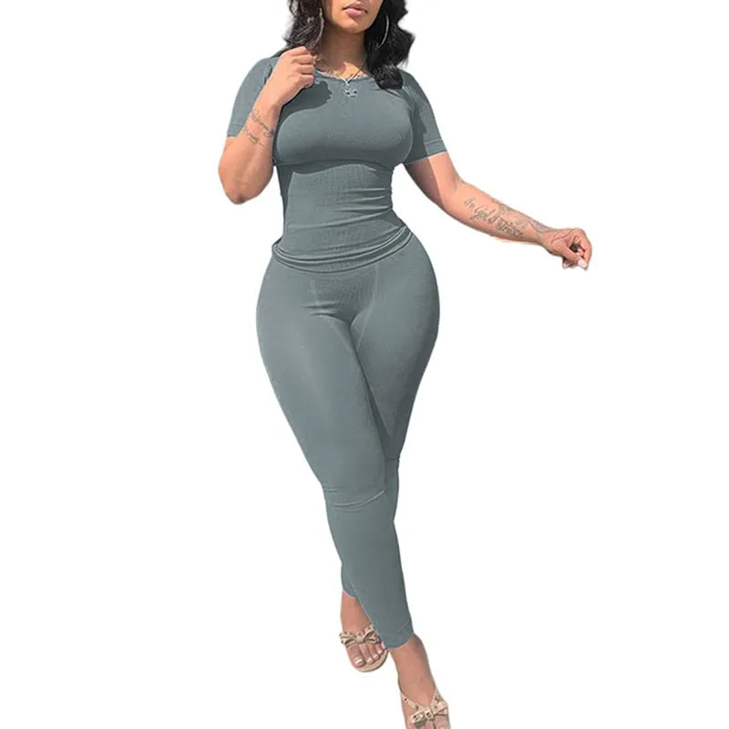 Women's Ribbed Lounge Wear 2-Piece Summer Set: Top & Elastic Leggings