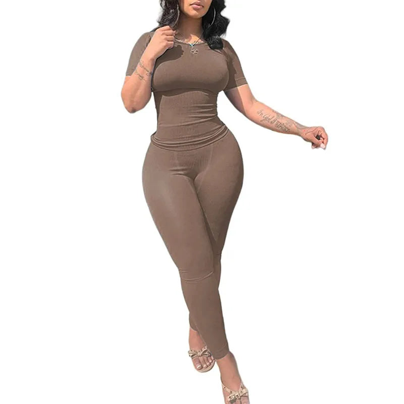 Women's Ribbed Lounge Wear 2-Piece Summer Set: Top & Elastic Leggings