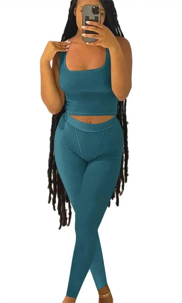 Women's Ribbed Lounge Wear 2-Piece Summer Set: Top & Elastic Leggings