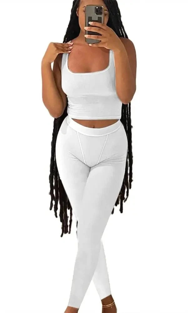 Women's Ribbed Lounge Wear 2-Piece Summer Set: Top & Elastic Leggings