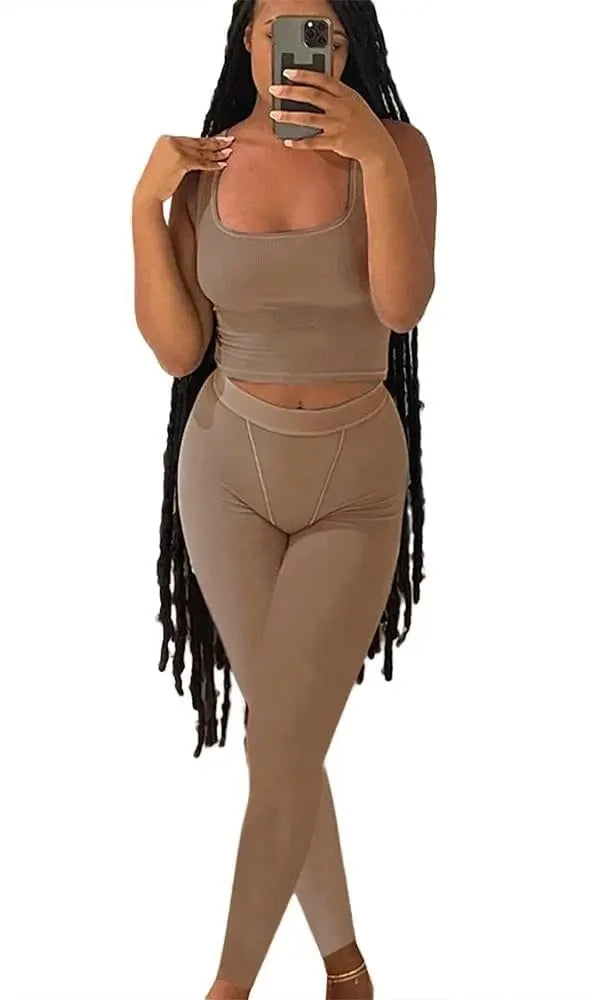 Women's Ribbed Lounge Wear 2-Piece Summer Set: Top & Elastic Leggings